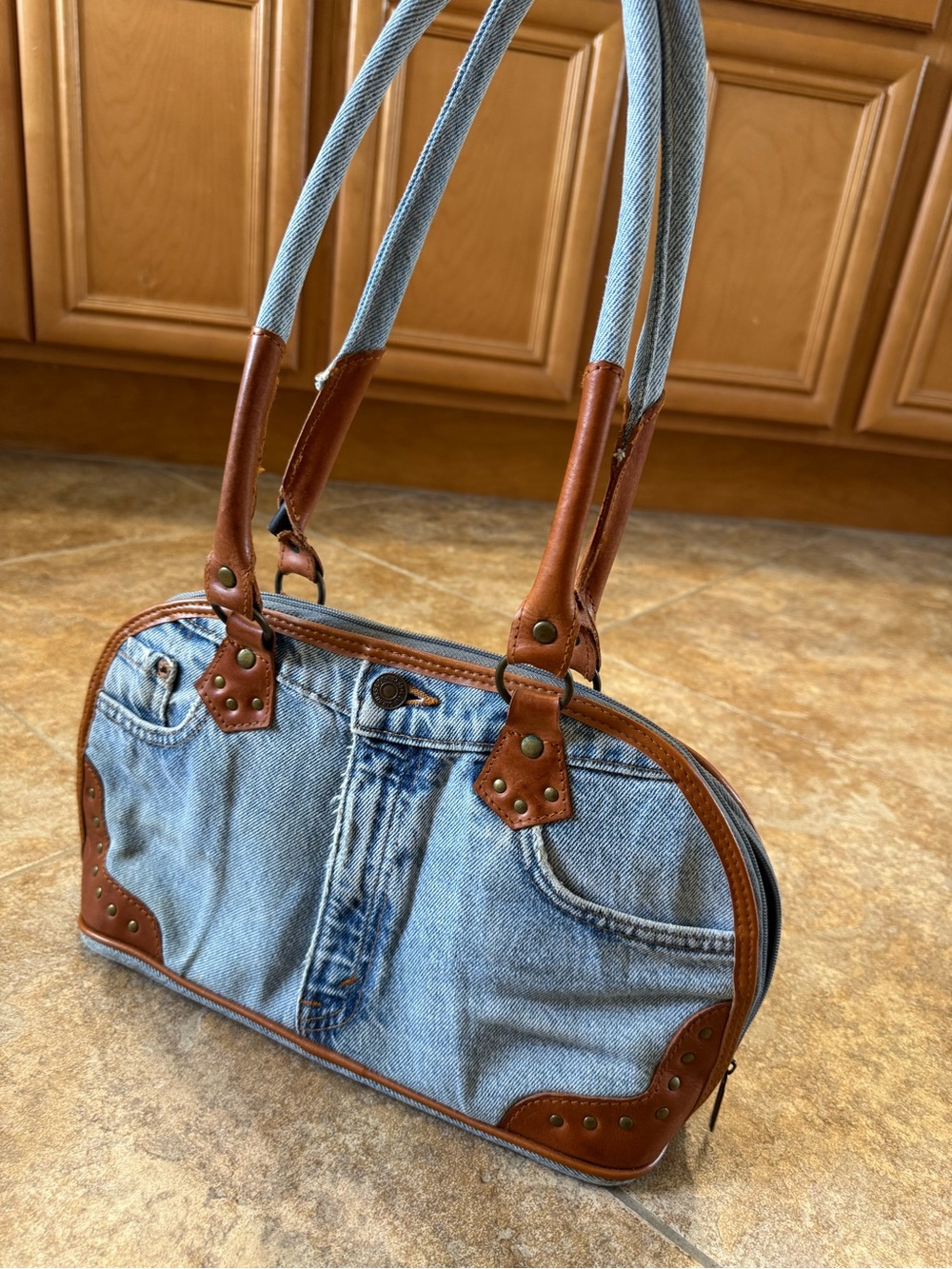 Vintage Denim and Brown Leather Accent Shoulder Bag